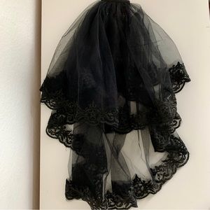 Black Gothic Bridal Veil Embroidered Pentacle Pentagram Double Layer